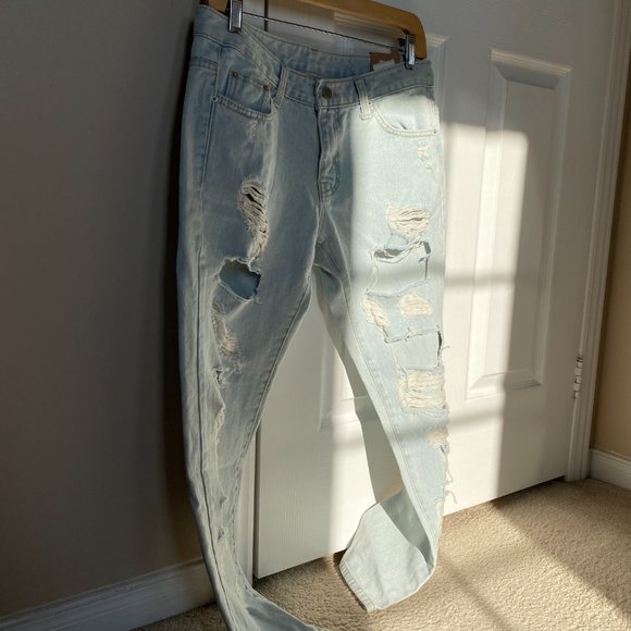 Light Blue Straight Leg Distressed Jeans - Picture 2 of 15